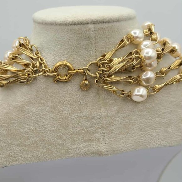 J Crew 12 Strands of Faux Pearls Gold Tone Link Necklace - Picture 7 of 13